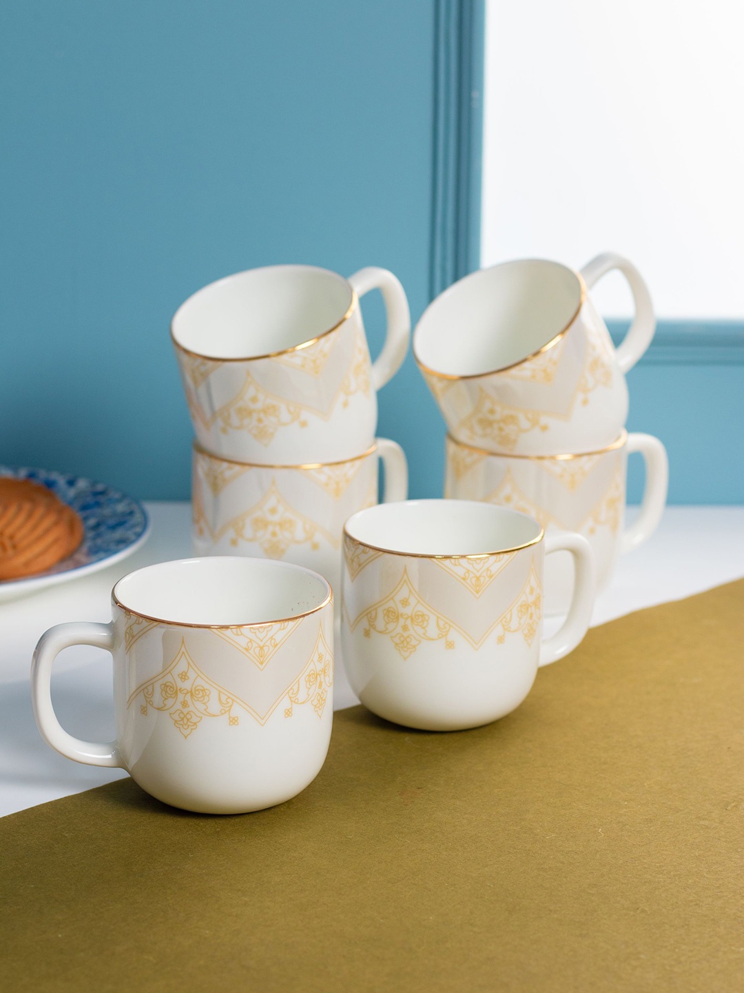 

JCPL White 6 Pieces Printed Dishwasher Safe Ceramic Glossy Cups 240 ml