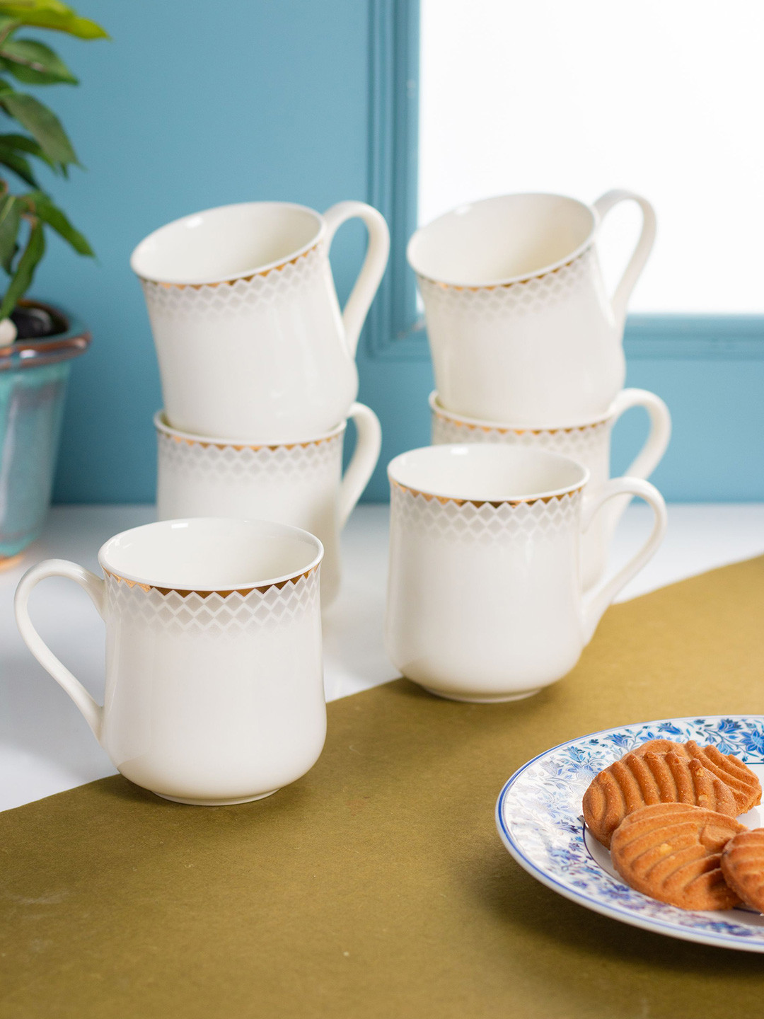 

JCPL White 6 Pieces Printed Dishwasher Safe Ceramic Glossy Cups 250 ml