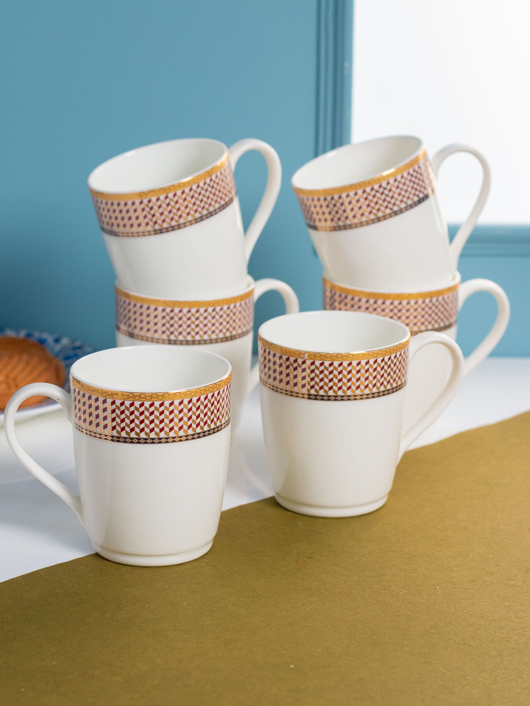 

JCPL White 6 Pieces Printed Dishwasher Safe Ceramic Glossy Cups 280 ml