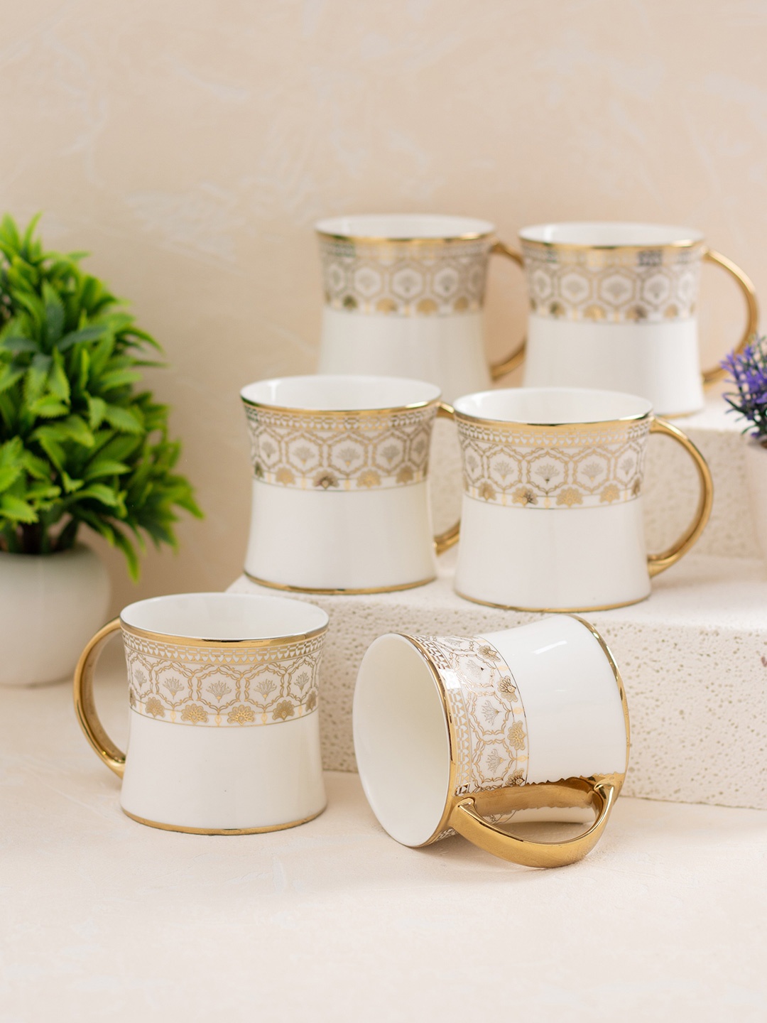 

JCPL White and Gold Toned Handcrafted Printed Ceramic Glossy Cups 200 ml