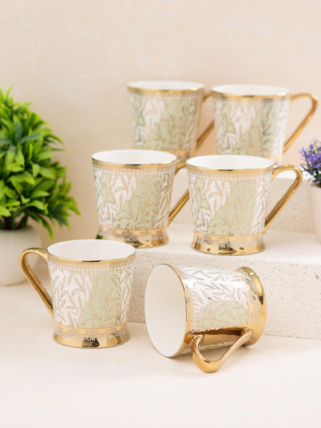 

JCPL White and Gold Toned 6 Pieces Floral Printed Ceramic Glossy Cups 200ml each