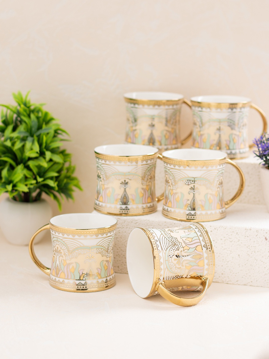 

JCPL White and Gold Toned 6 Pieces Handcrafted Printed Ceramic Glossy Cups 200ml