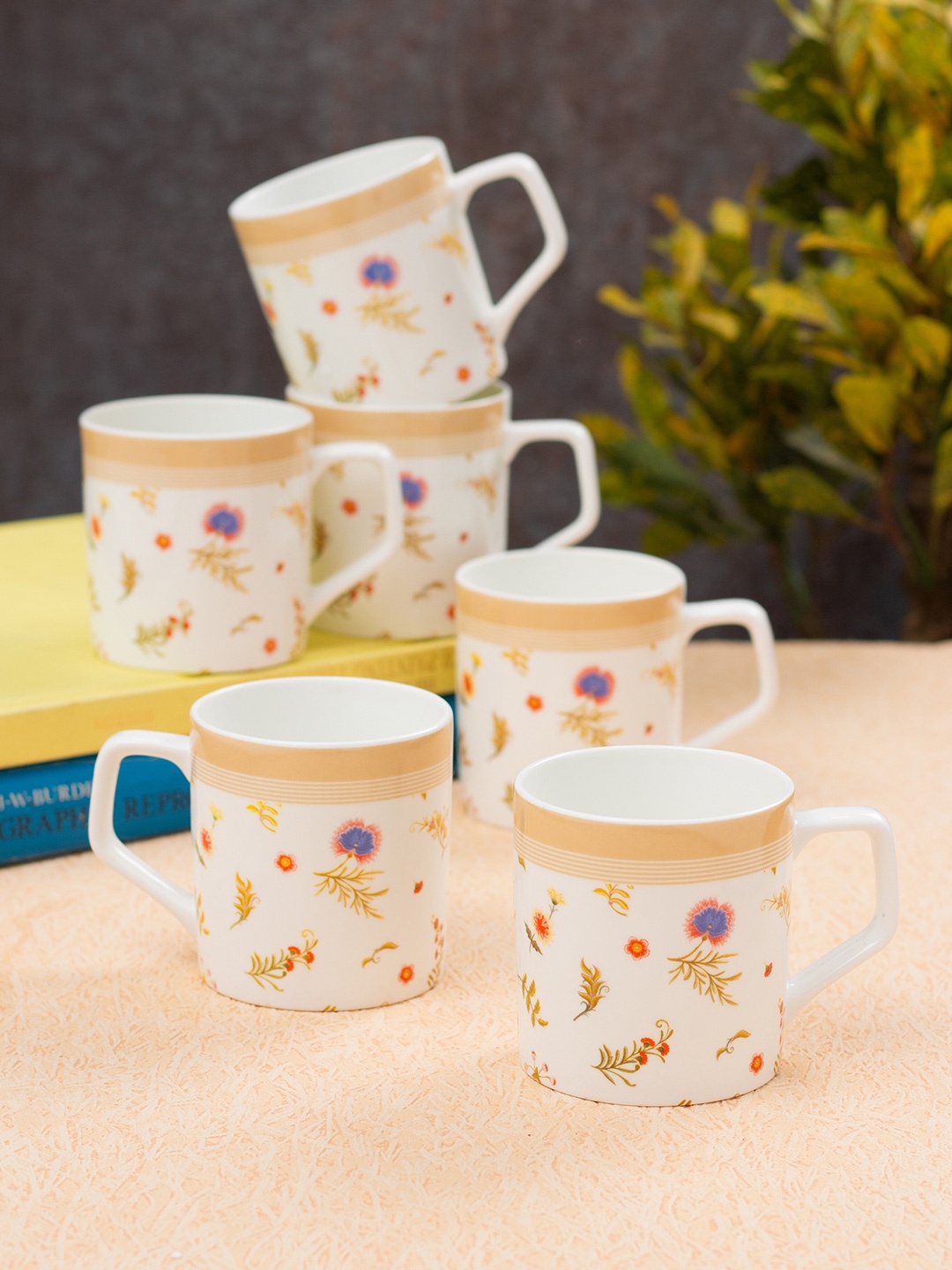 

JCPL White and Beige 6 Pieces Handcrafted Printed Ceramic Glossy Cups 220ml