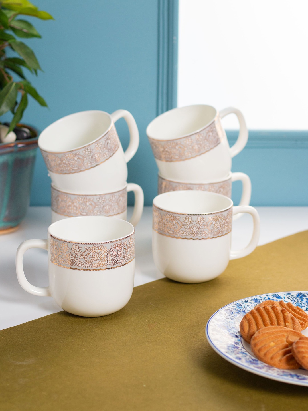 

JCPL White and Gold Toned 6 Pieces Floral Printed Ceramic Glossy Cups 240ml