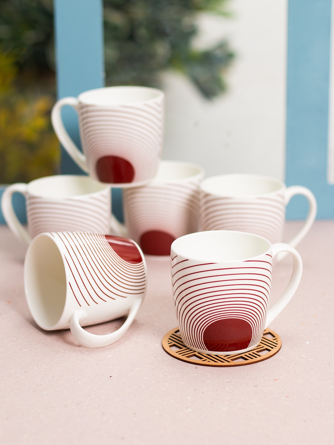 

JCPL White and Red 6 Pieces Handcrafted Printed Ceramic Glossy Cups 200ml