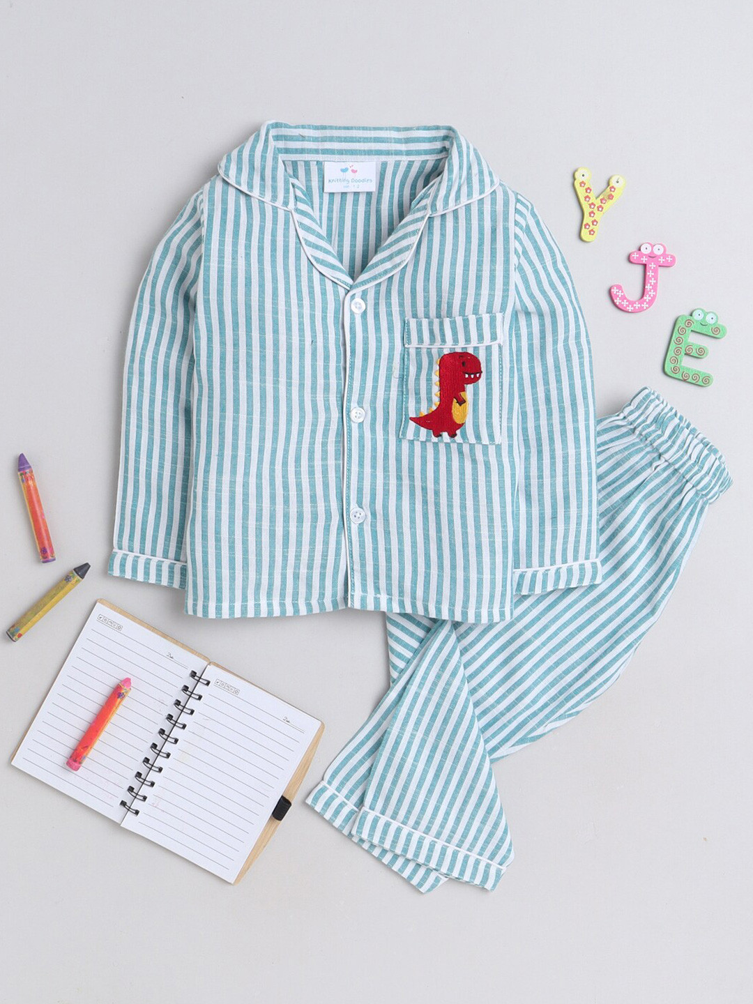 

Knitting Doodles Kids Striped Lapel Collar Long Sleeves Pure Cotton Night Suit, Green