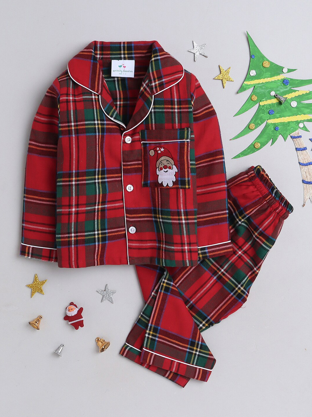 

Knitting Doodles Kids Checked Cotton Night suit, Red