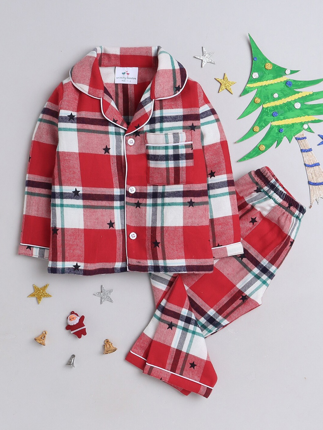 

Knitting Doodles Kids Checked Lapel Collar Cotton Shirt With Pyjamas, Red