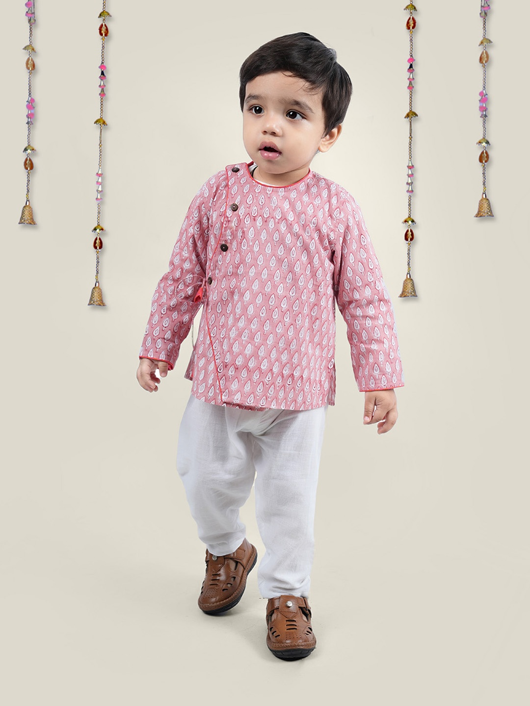 

Little Llama Boys Ethnic Motifs Printed Block Print Pure Cotton Kurta, Peach