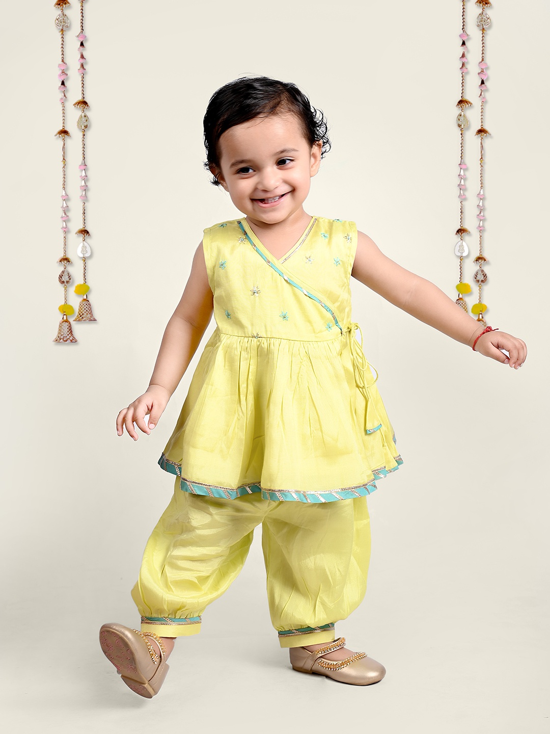 

Little Llama Girls Floral Embroidered Pure Cotton Angrakha Kurta with Salwar, Lime green