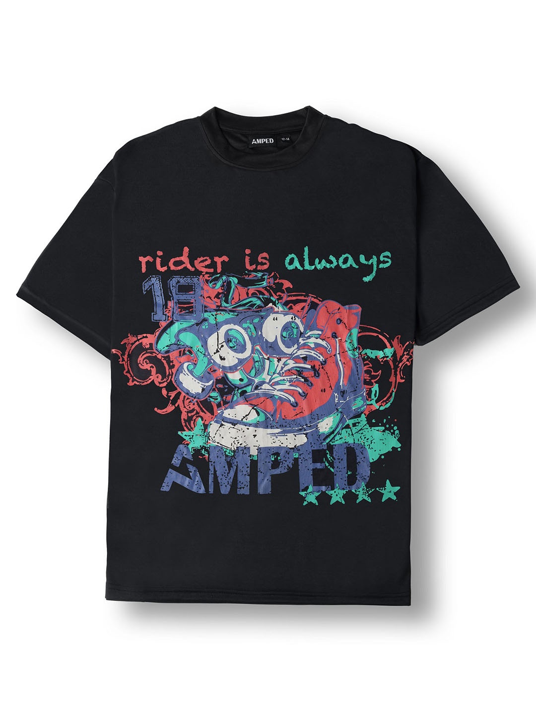 

AMPED Boys Graphic Printed Drop-Shoulder Sleeves T-shirt With Cargo Trousers, Black