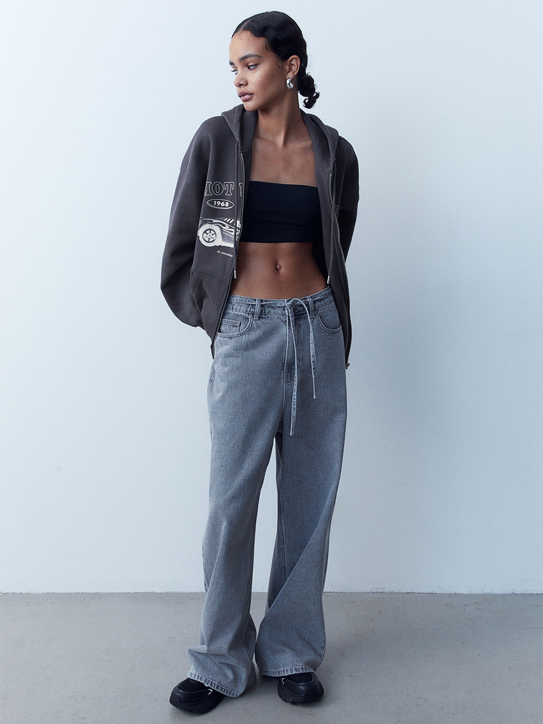 

H&M Oversized Printed Zip-through Hoodie, Grey