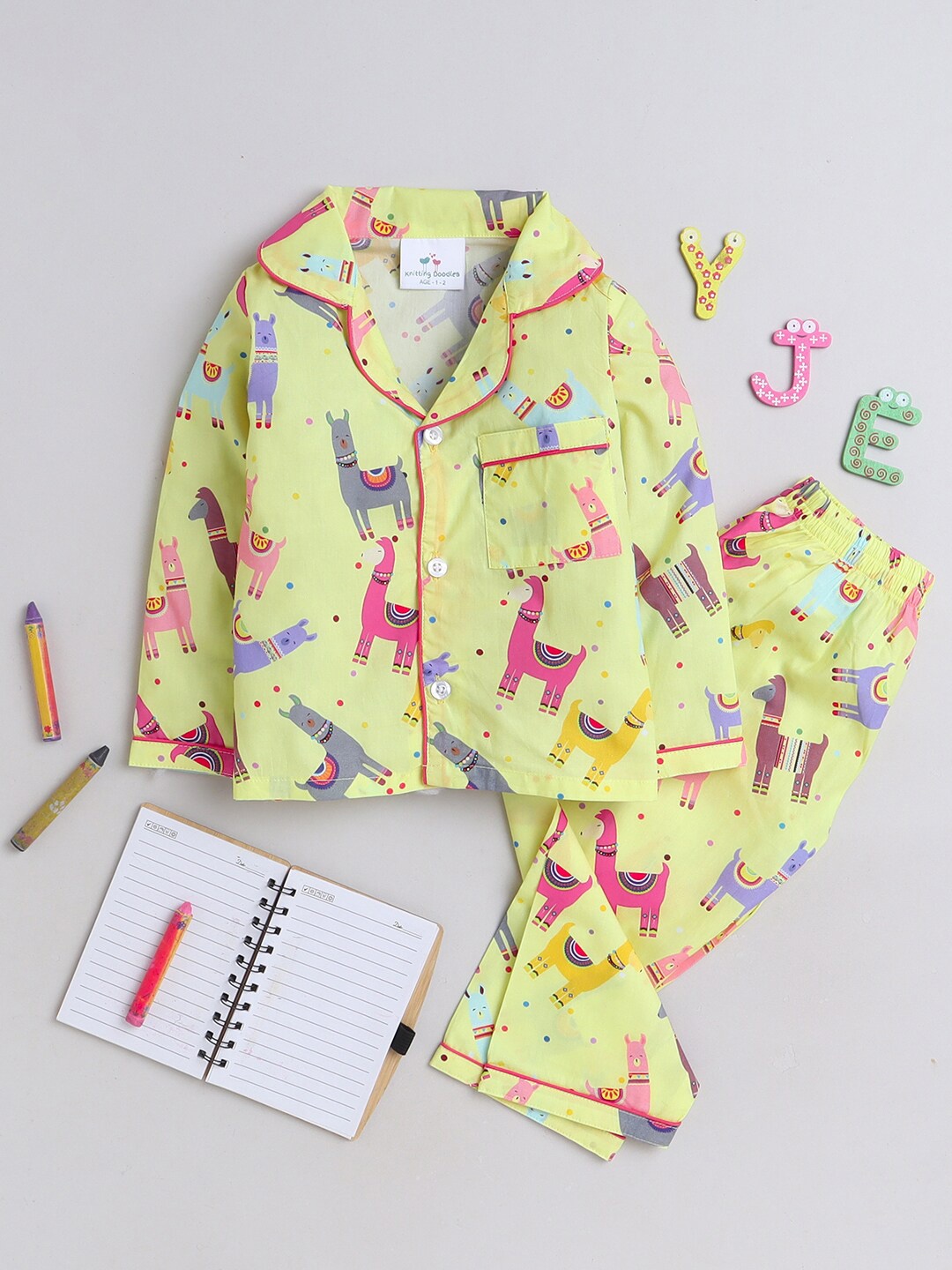 

Knitting Doodles Girls Conversational Printed Shirt With Pyjamas, Yellow