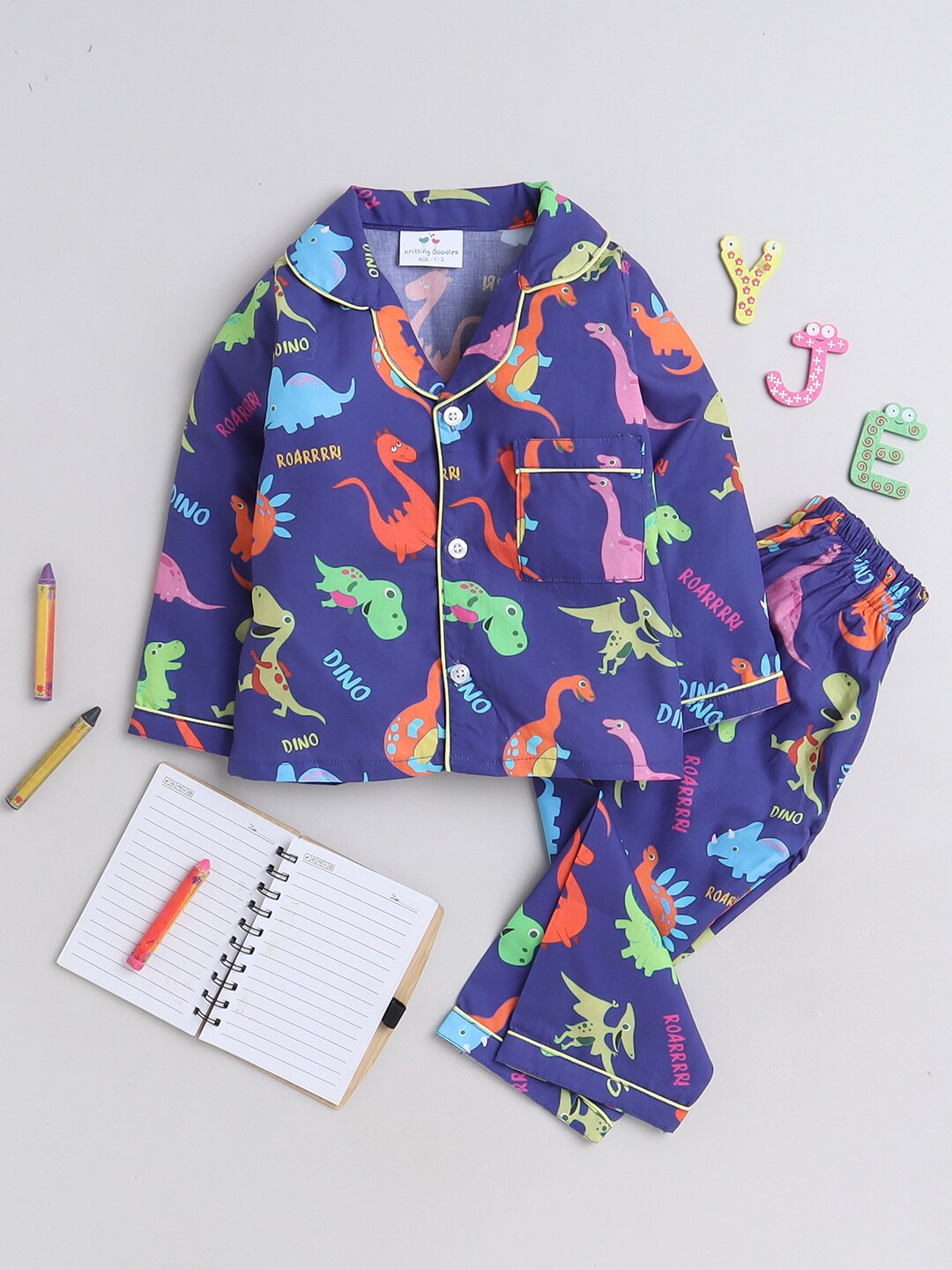 

Knitting Doodles Kids Printed Night Suit, Blue