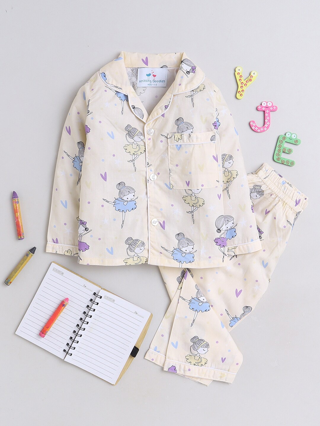 

Knitting Doodles Girls Conversational Printed Lapel Collar Cotton Shirt & Pyjama, Cream