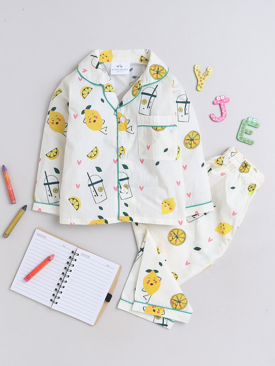 

Knitting Doodles Kids Graphic Printed Lapel Collar Night Suits, White