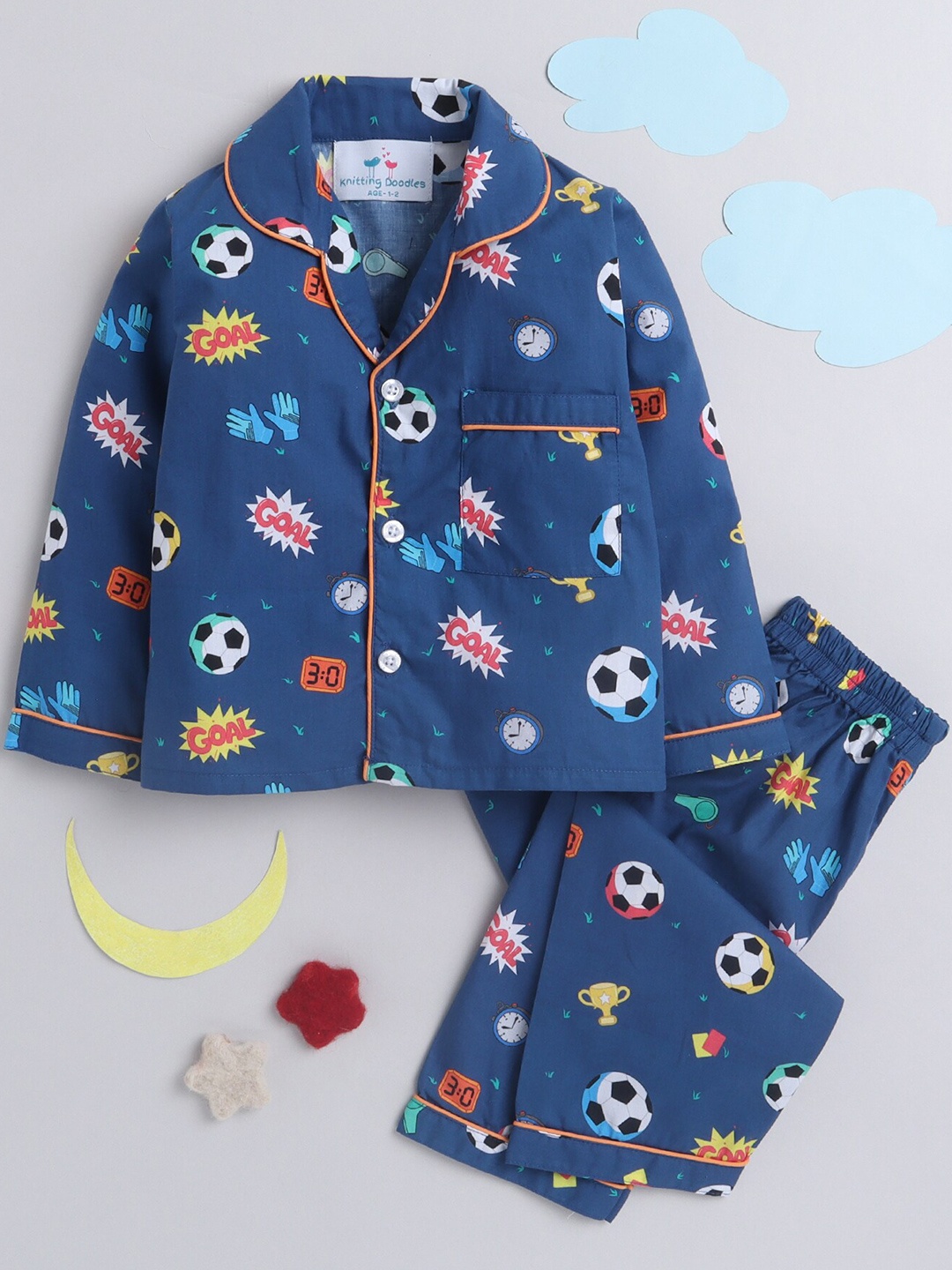 

Knitting Doodles Kids Conversational Printed Lapel Collar Cotton Shirt & Pyjama, Navy blue
