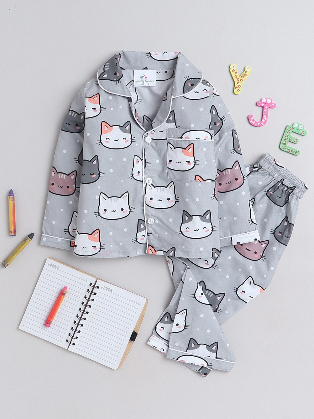 

Knitting Doodles Kids Graphic Printed Lapel Collar Night Suits, Grey