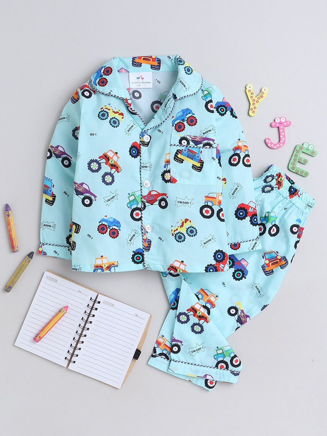 

Knitting Doodles Kids Printed Lapel Collar Night Suits, Blue