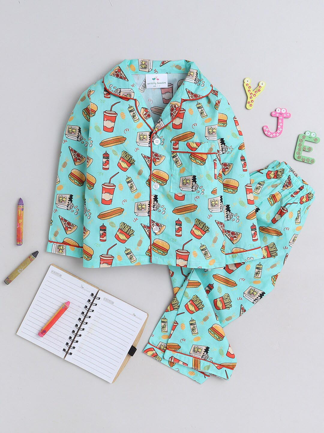 

Knitting Doodles Kids Graphic Printed Lapel Collar Cotton Shirt & Pyjama, Teal