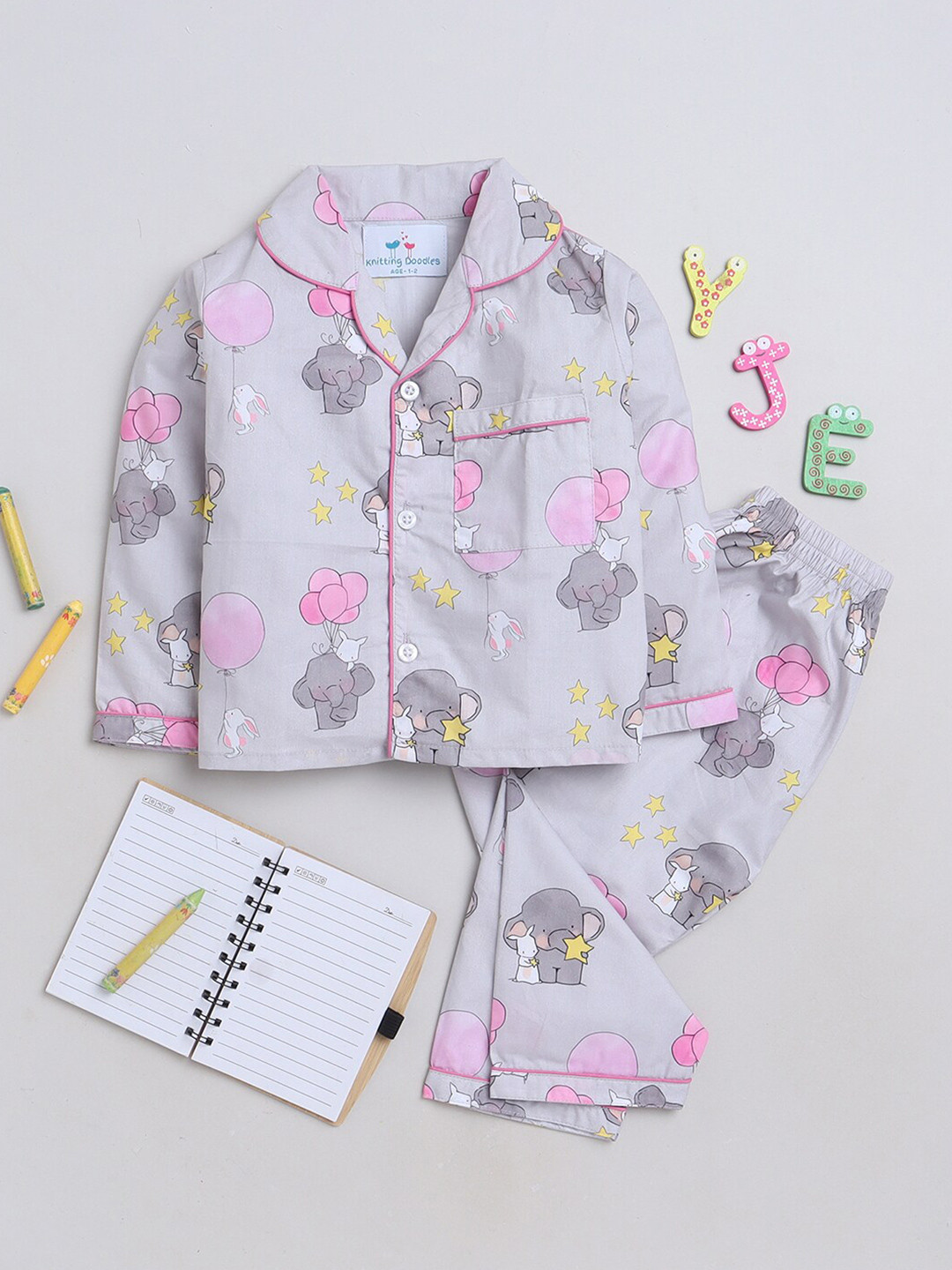 

Knitting Doodles Kids Graphic Printed Lapel Collar Night Suits, Grey