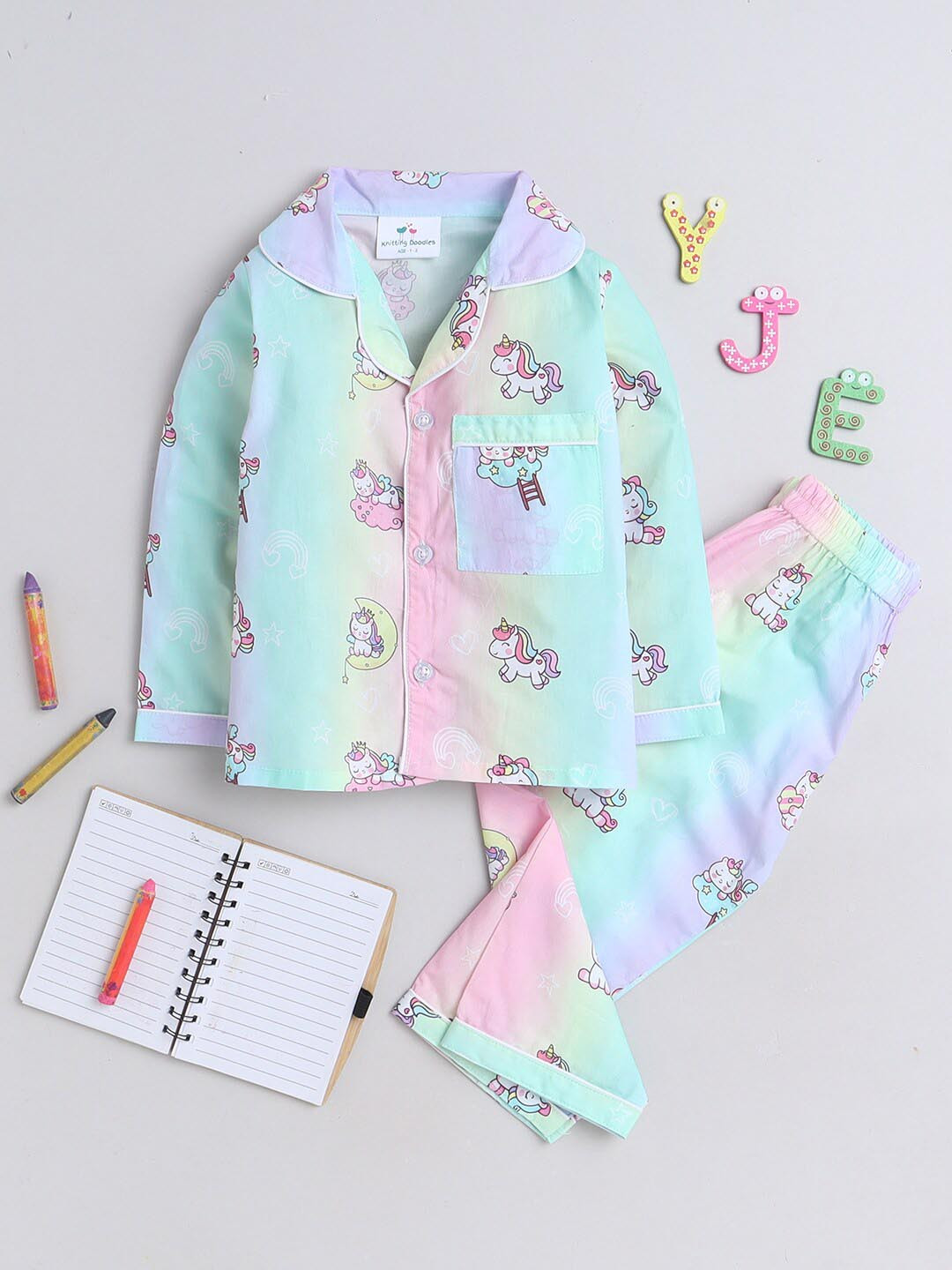 

Knitting Doodles Girls Cartoon Characters Printed Lapel Collar Night Suits, Turquoise blue