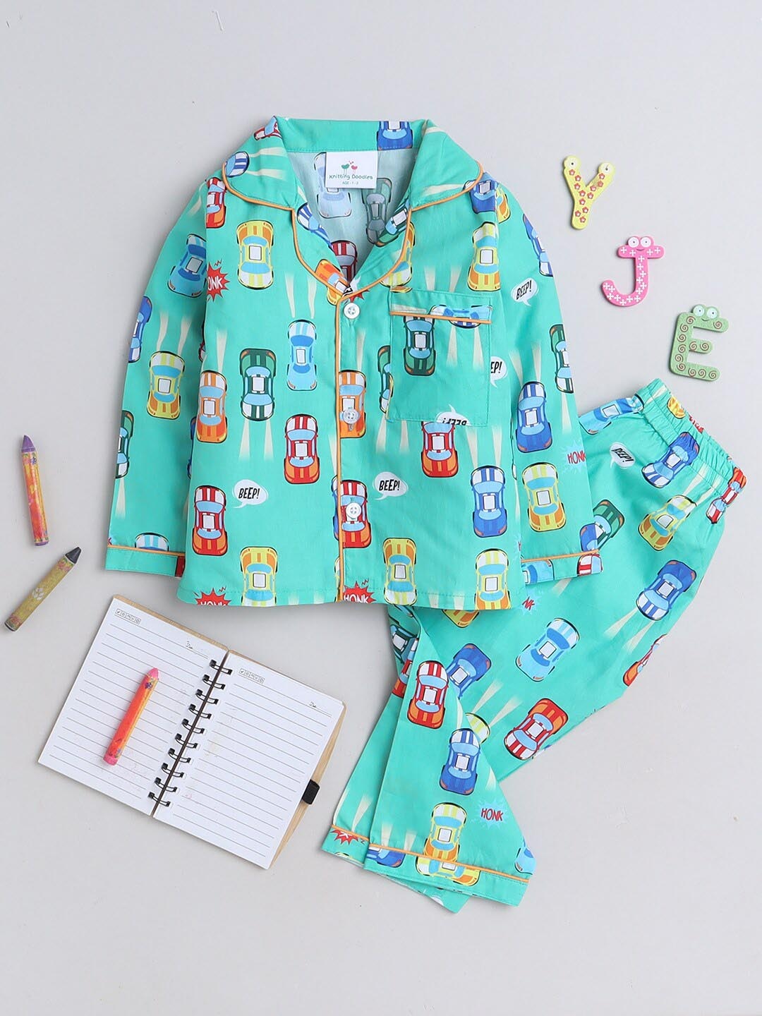 

Knitting Doodles Kids Graphic Printed Lapel Collar Night Suits, Teal