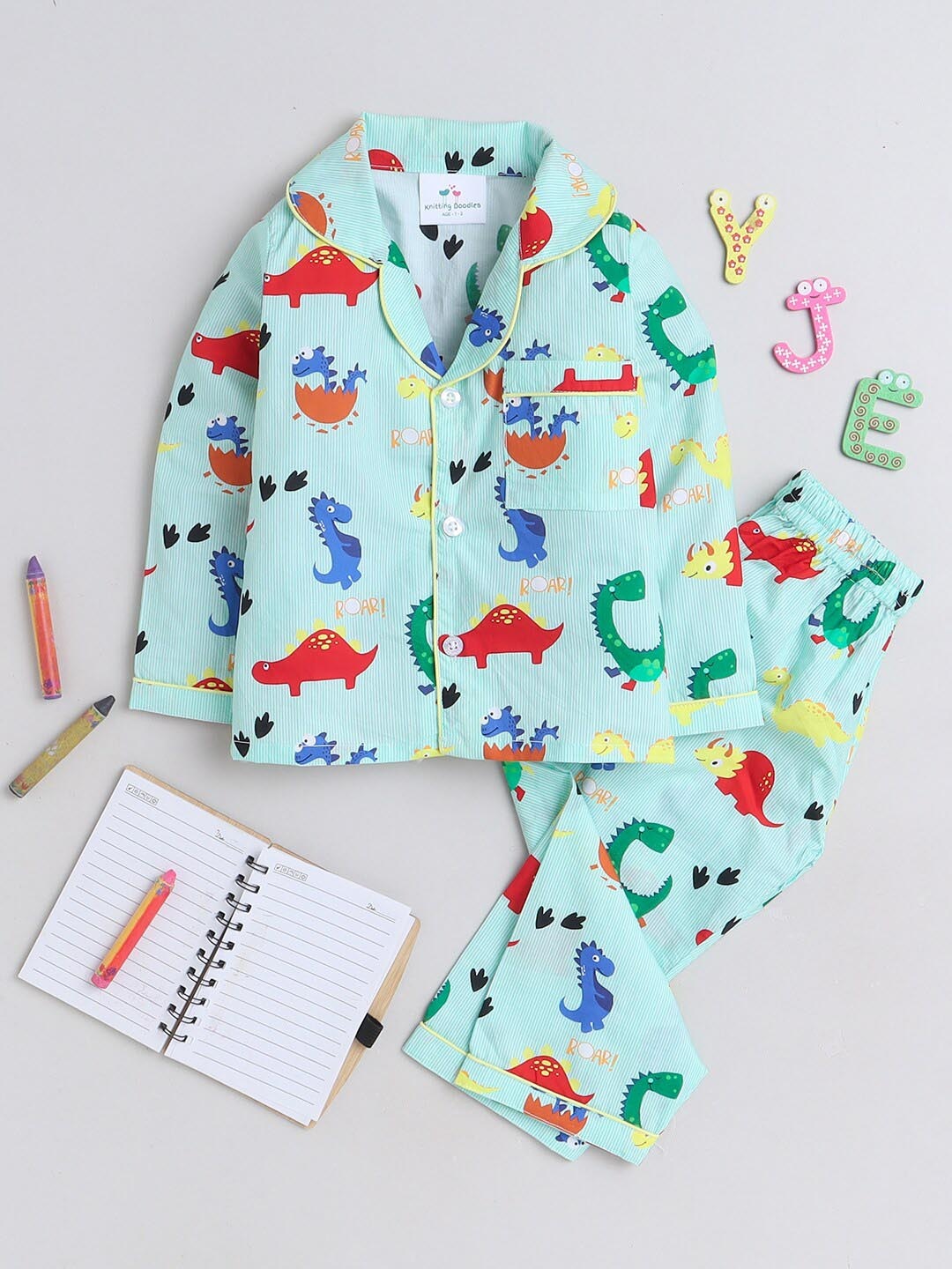 

Knitting Doodles Kids Printed Lapel Collar Night Suits, Green