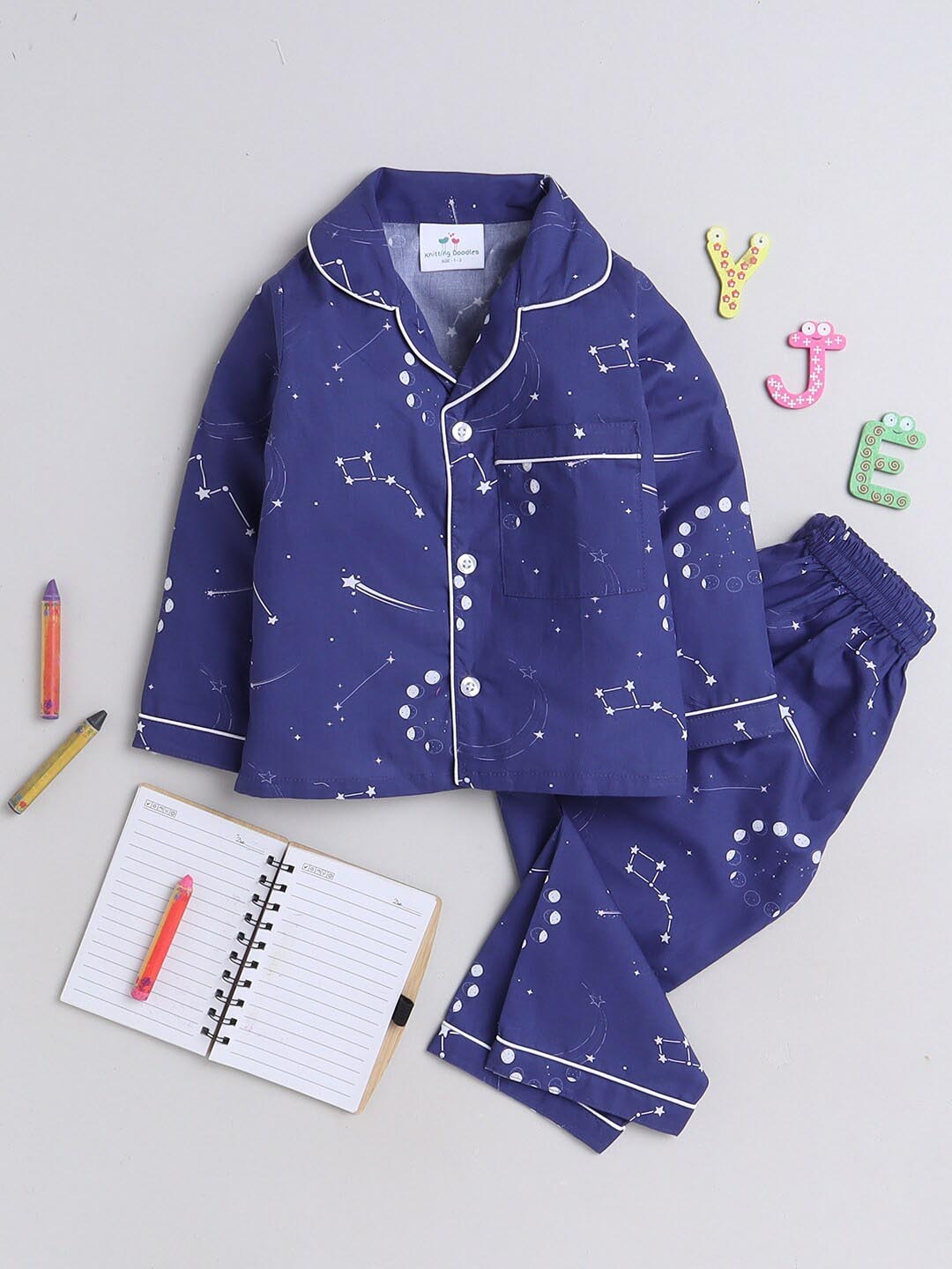 

Knitting Doodles Kids Abstract Printed Lapel Collar Night Suits, Blue