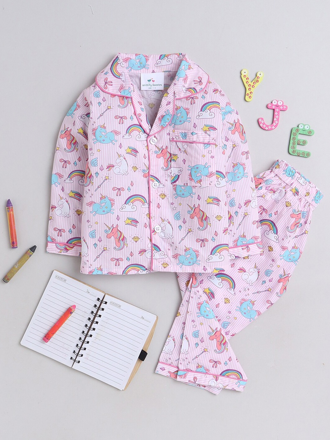 

Knitting Doodles Girls Graphic Printed Lapel Collar Night Suits, White