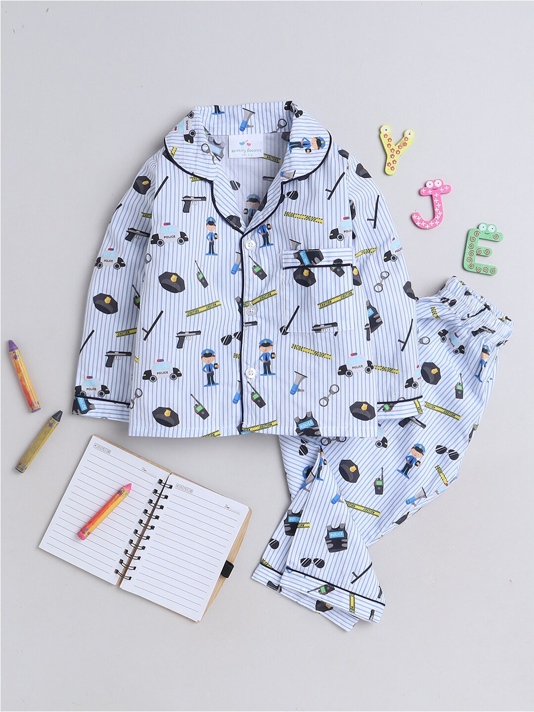 

Knitting Doodles Kids graphic Printed Lapel Collar Night Suits, White