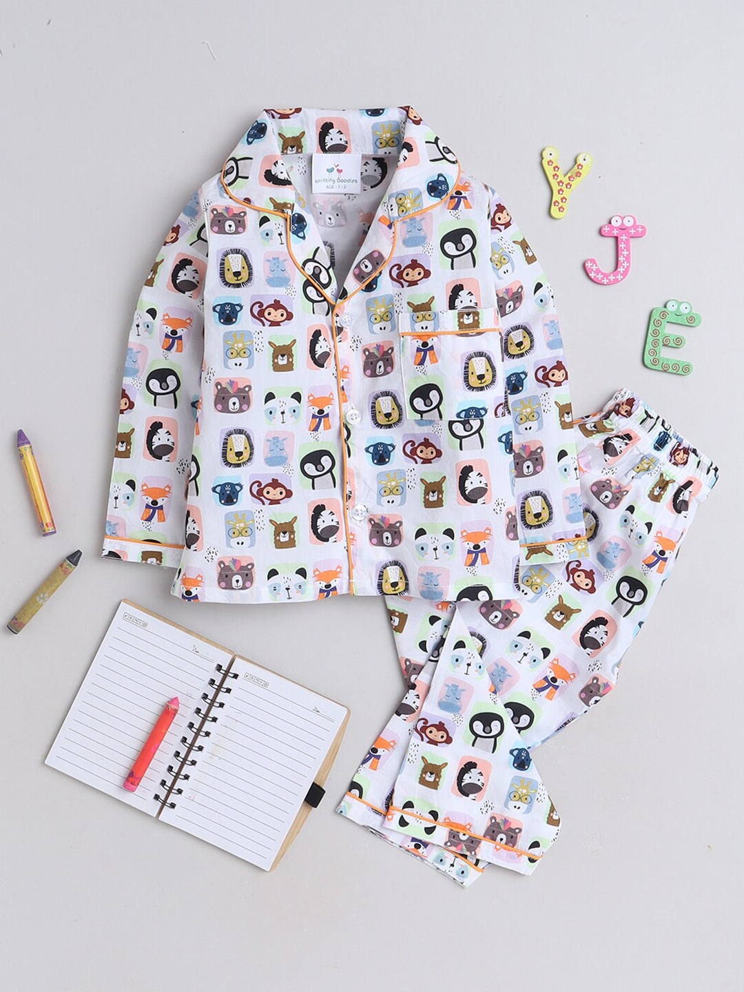 

Knitting Doodles Kids Graphic Printed Lapel Collar Long Sleeves Pure Cotton Night Suits, White