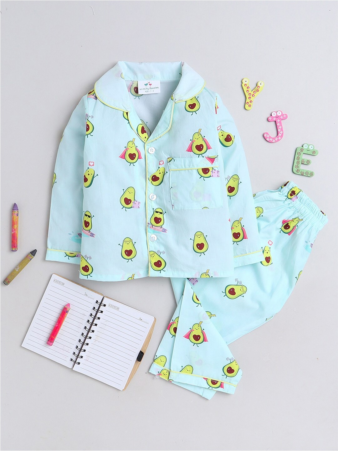 

Knitting Doodles Kids Graphic Printed Lapel Collar Long Sleeves Pure Cotton Night Suits, Blue