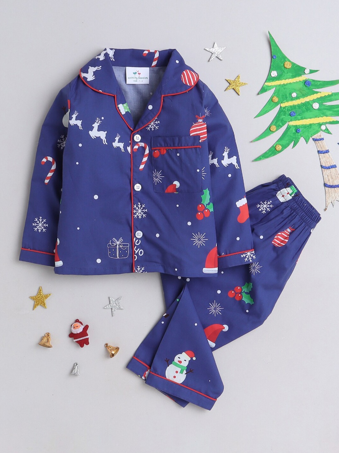 

Knitting Doodles Kids Christmas Printed Lapel Collar Cotton Shirt & Pyjama, Navy blue