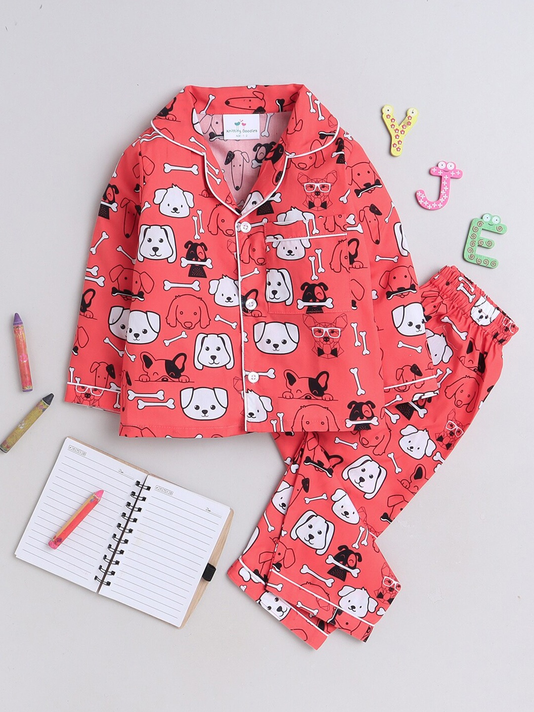 

Knitting Doodles Kids Graphic Printed Lapel Collar Long Sleeves Pure Cotton Night Suits, Red