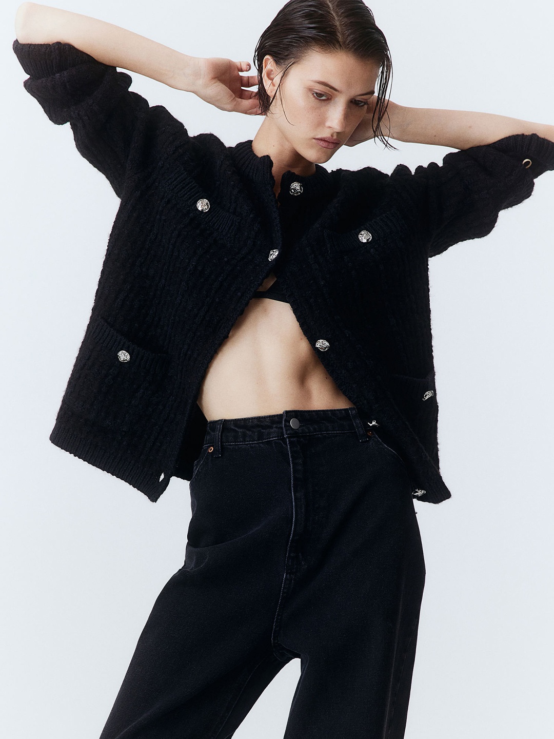 

H&M Textured-Knit Cardigan, Black