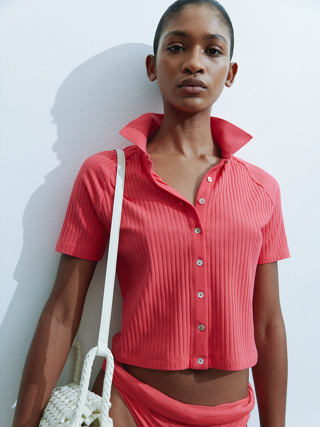 

H&M Women Ribbed Button-Front Top, Pink