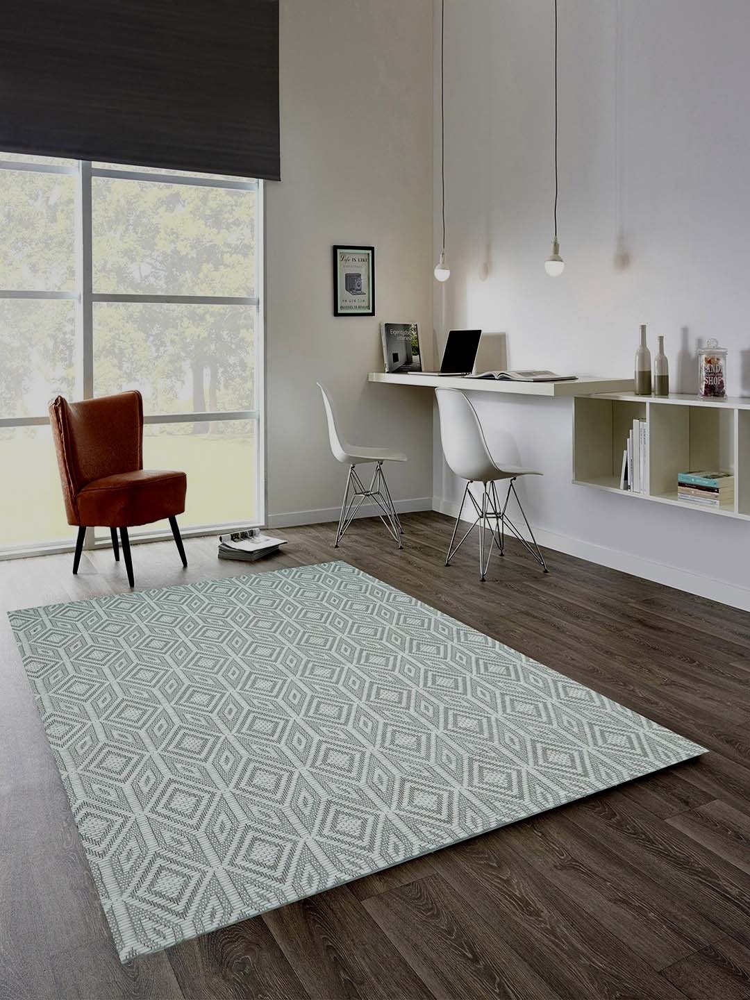 

MRIC White Geometric Handmade Woollen Carpet