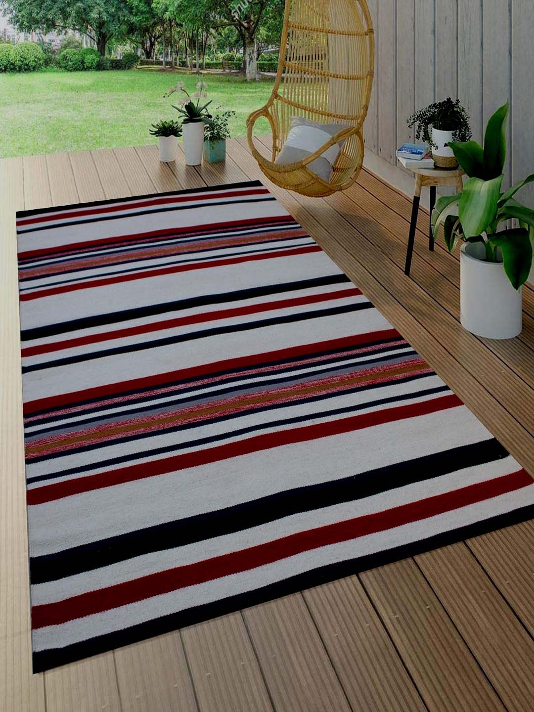 

MRIC White Striped Handmade Woollen Carpet