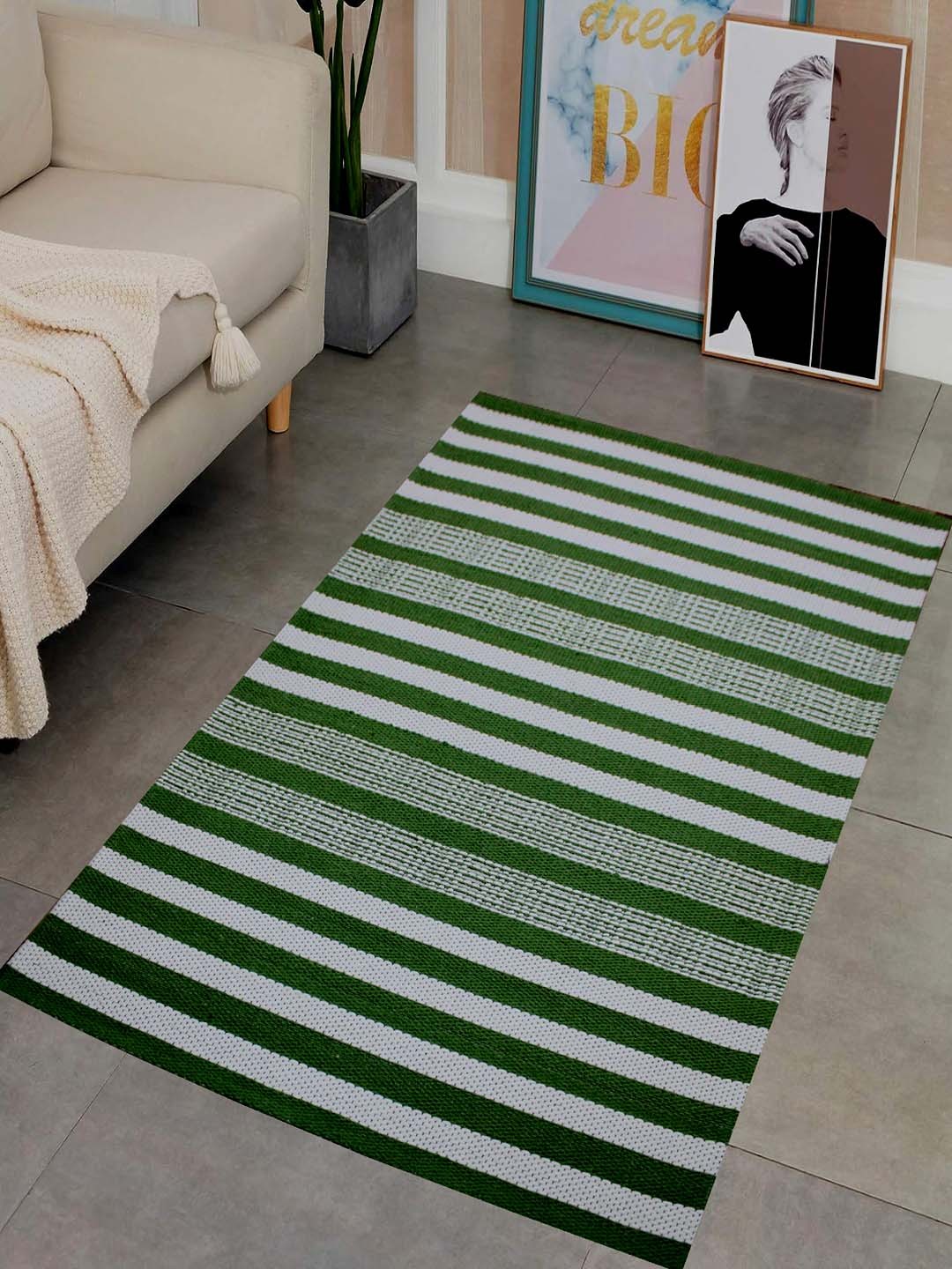 

MRIC Green Striped Handmade Woollen Carpet, White