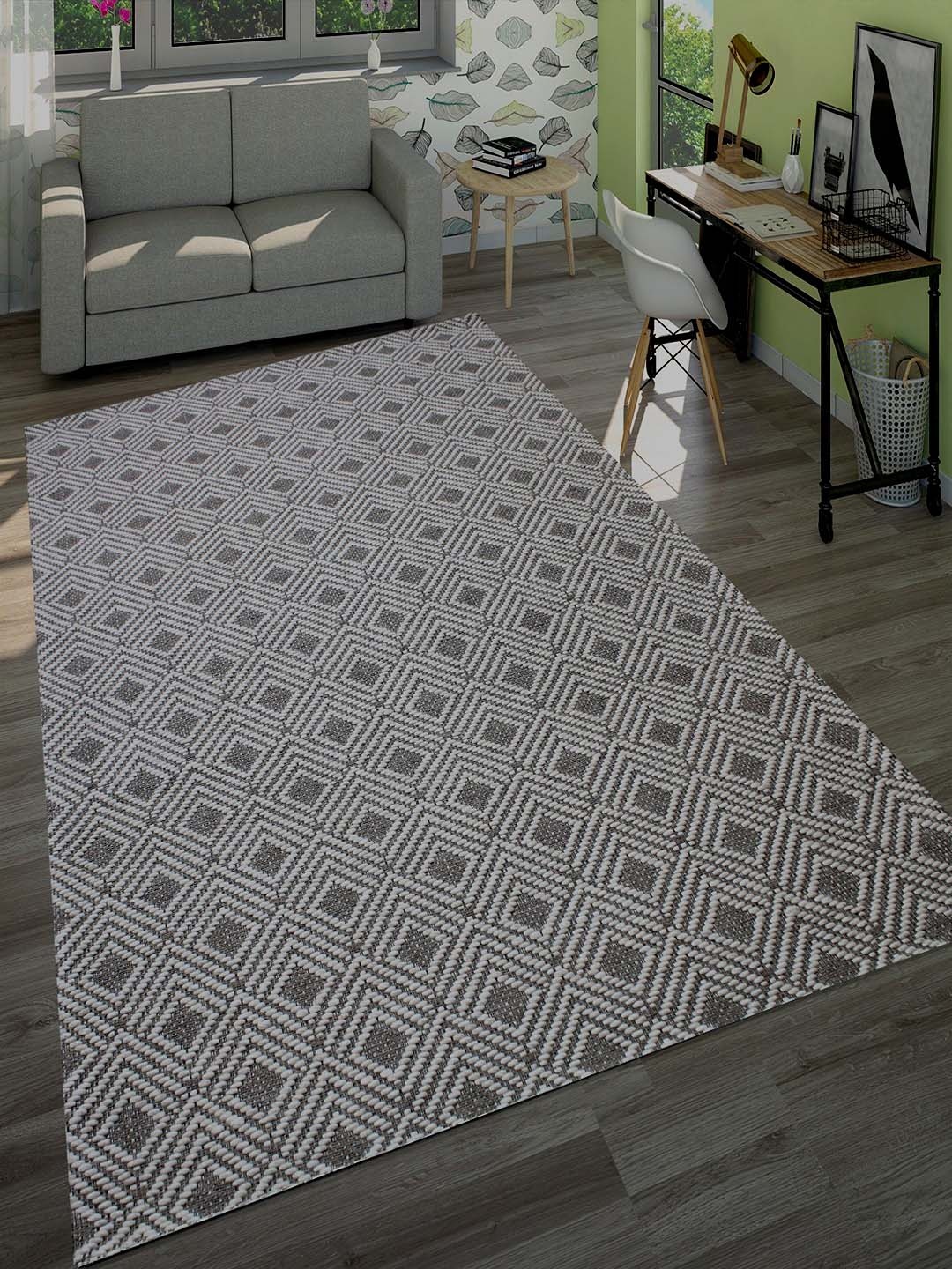 

MRIC White & Grey Geometric Handmade Woollen Carpet