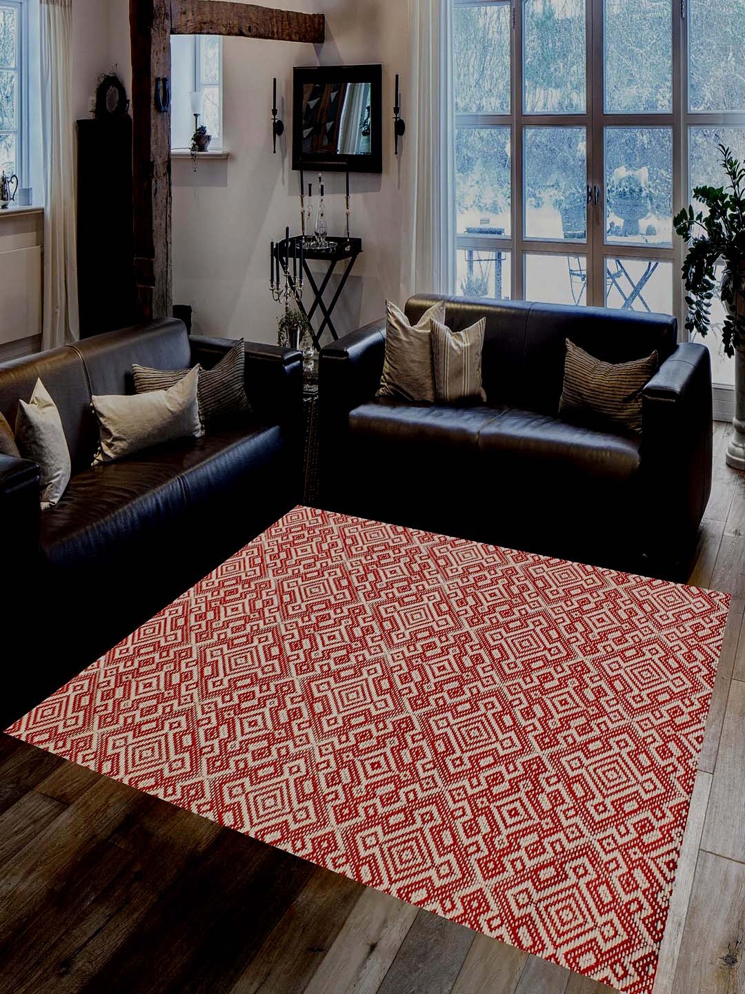 

MRIC White & Red Geometric Handmade Woollen Carpet