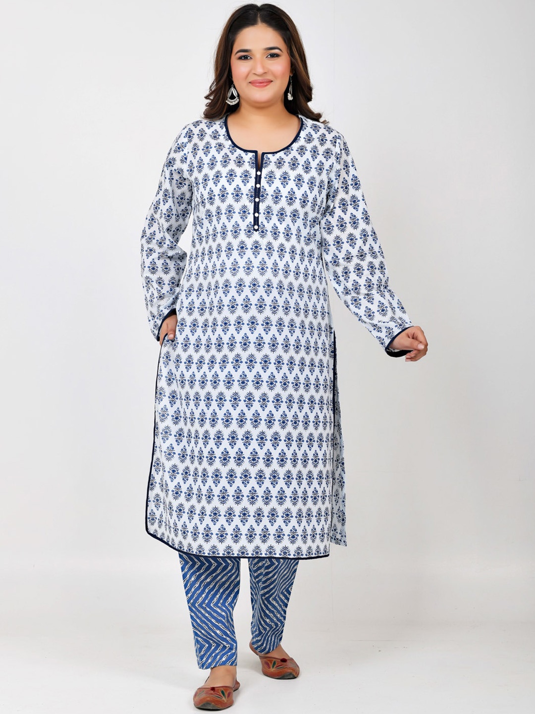 

Jaipuriya Fab Private Limited Ethnic Motifs Printed Pure Cotton Kurta with Trousers, Blue