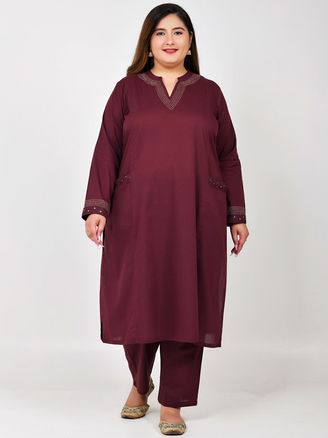 

Jaipuriya Fab Private Limited Plus Size Mirror Work Kurta with Trousers & Dupatta, Maroon