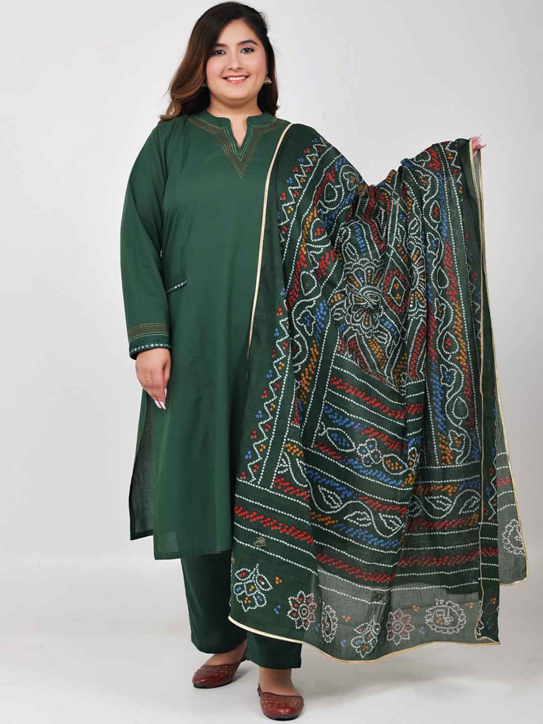 

Jaipuriya Fab Private Limited Plus Size Yoke Design Straight Kurta & Trousers With Dupatta, Green