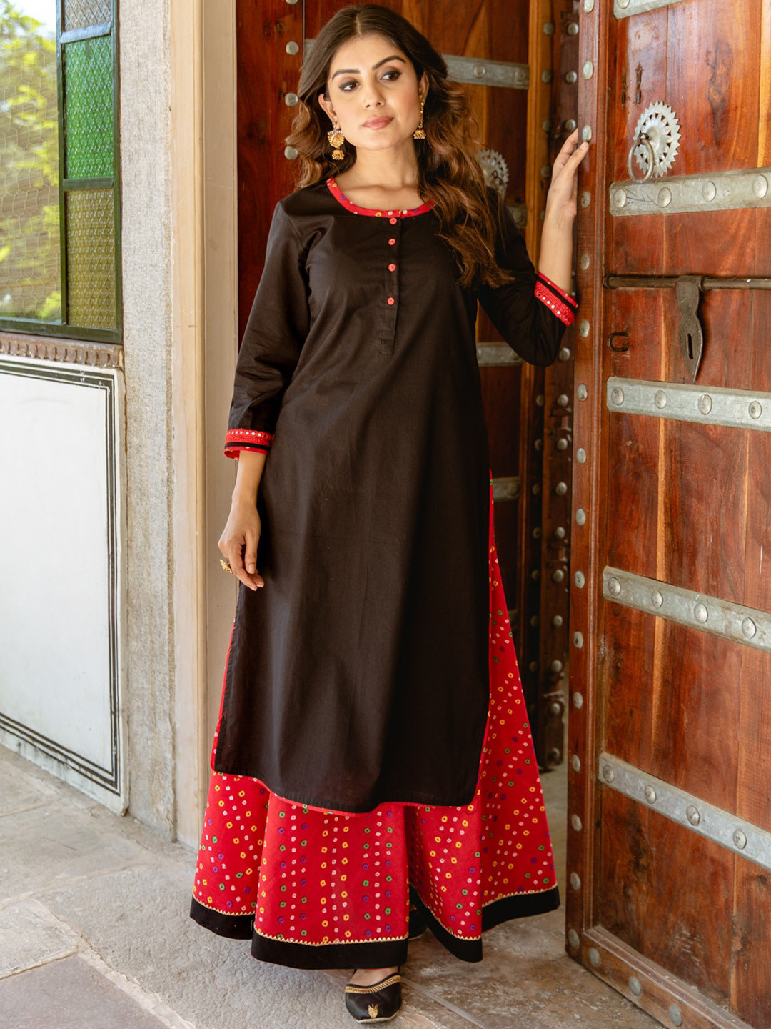 

Jaipuriya Fab Private Limited Mirror Work Kurta With Skirt & Dupatta, Black