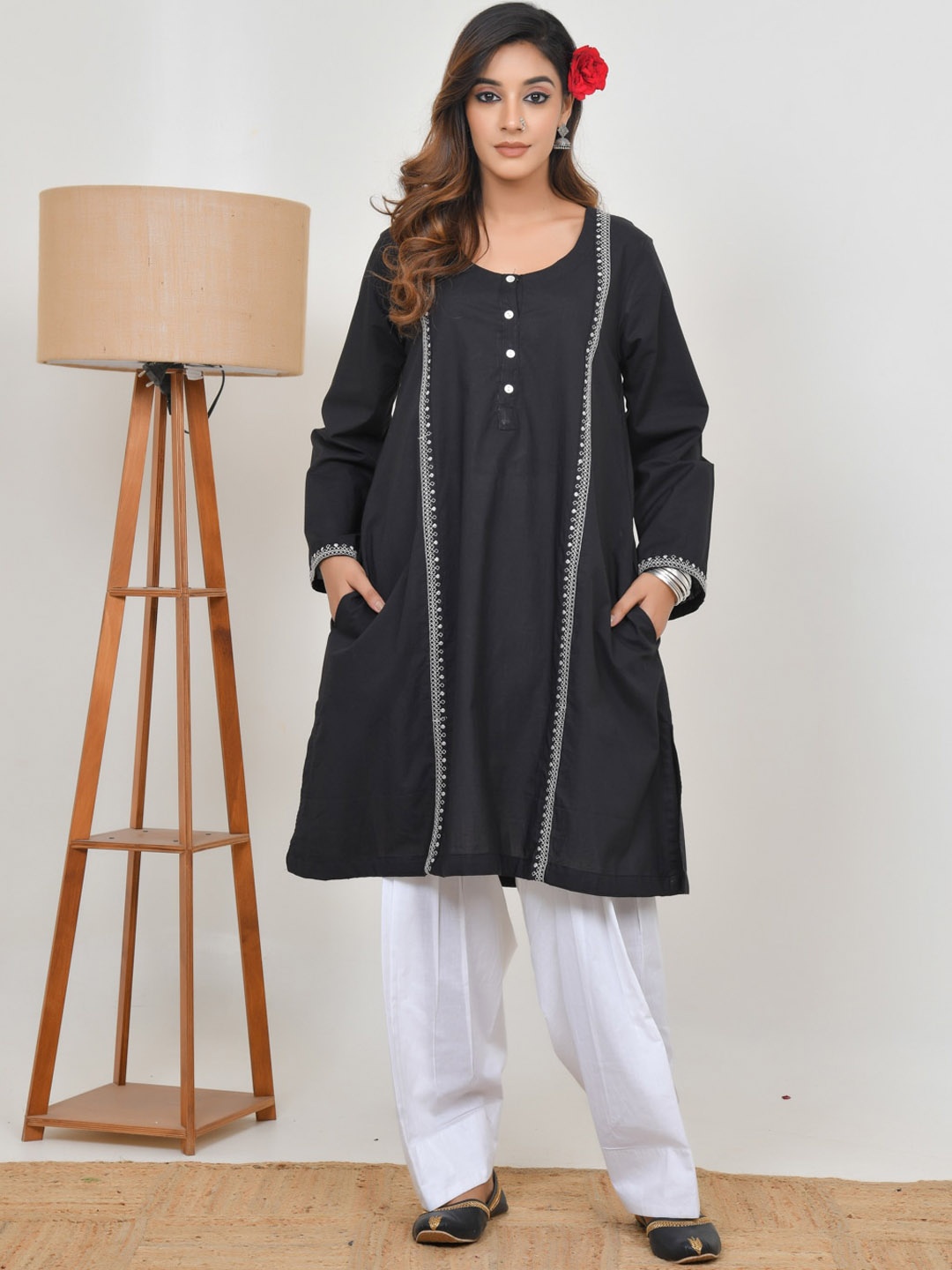 

Jaipuriya Fab Private Limited Plus Size Embroidered A-Line Kurta with Salwar, Black