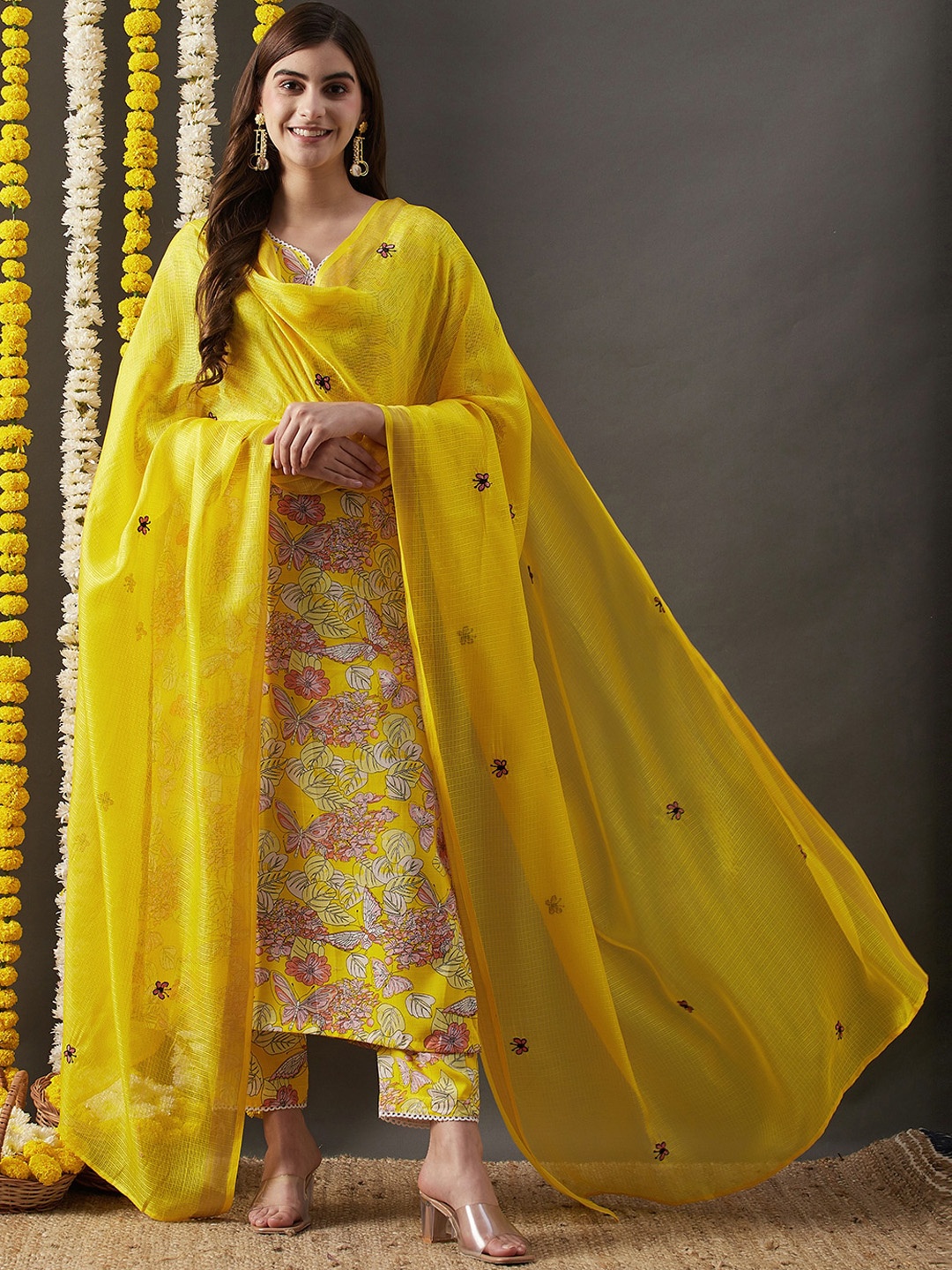 

KALINI Floral Printed Straight Kurta & Trouser With Dupatta, Yellow