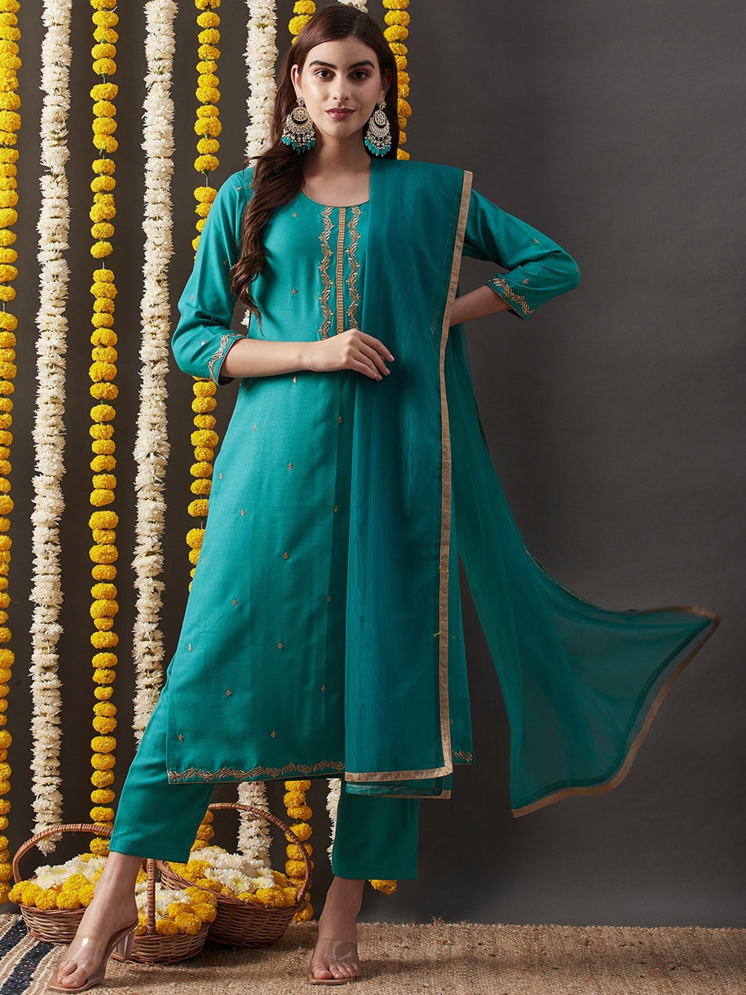 

KALINI Floral Embroidered Thread Work Straight Kurta With Trousers & Dupatta, Green