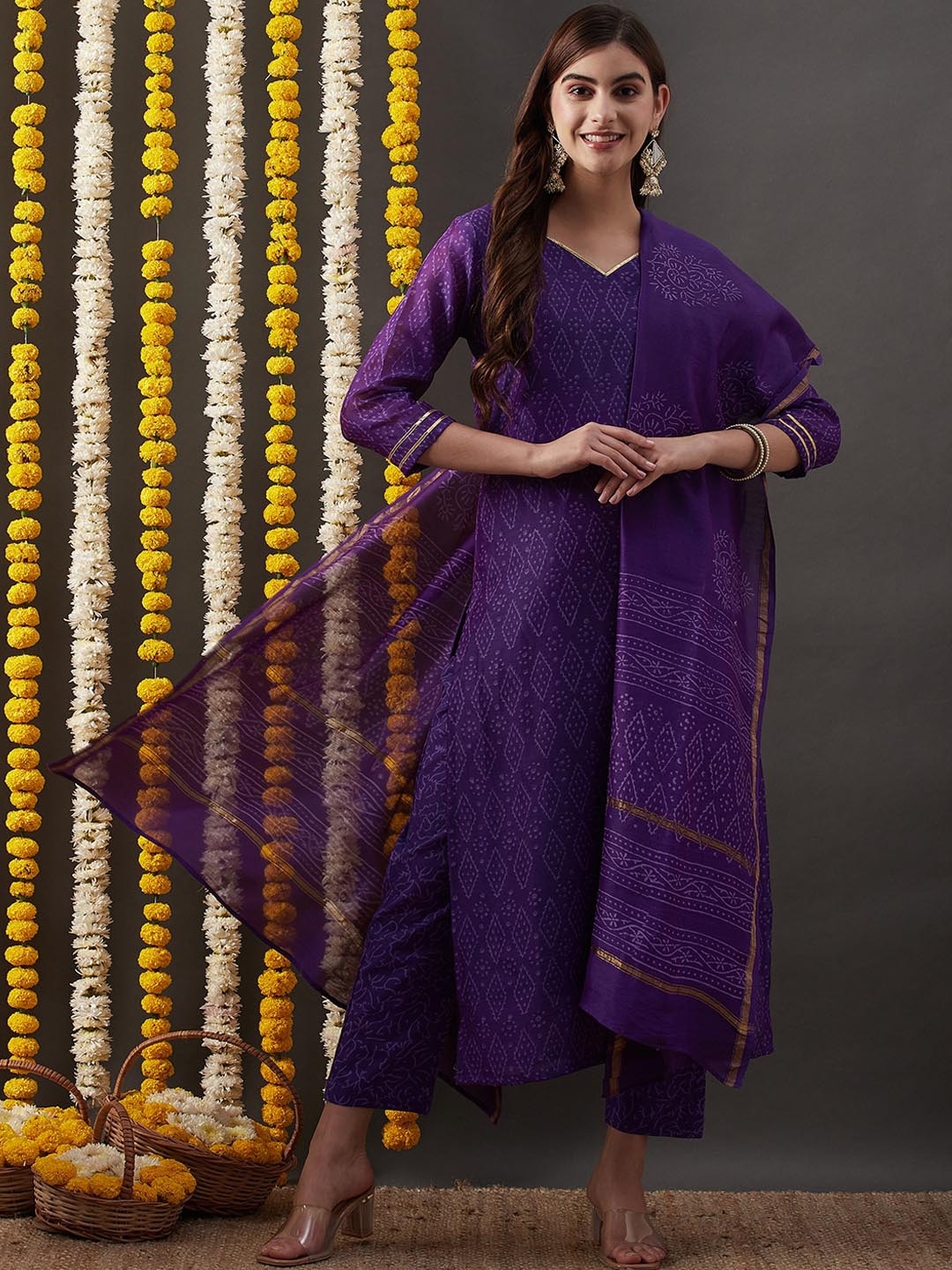 

KALINI Abstract Printed Gotta Patti Straight Kurta With Trousers & Dupatta, Violet